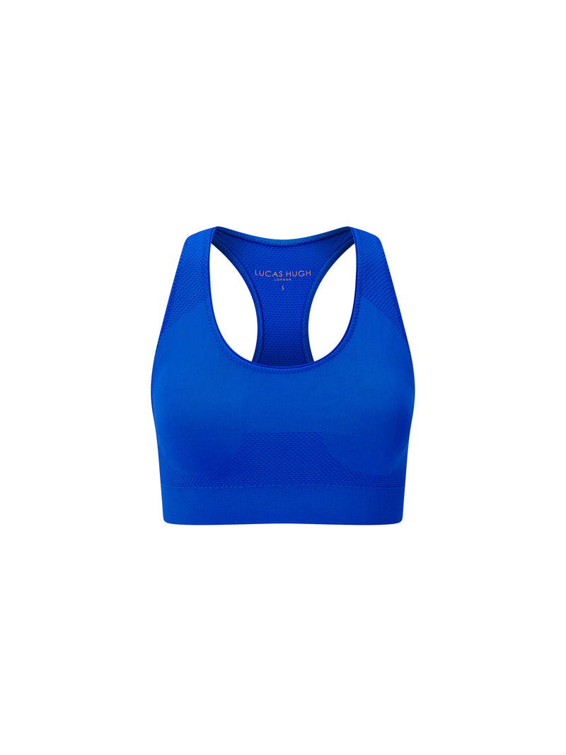 racer back sports bra in bright azure blue made in technical knit fabric