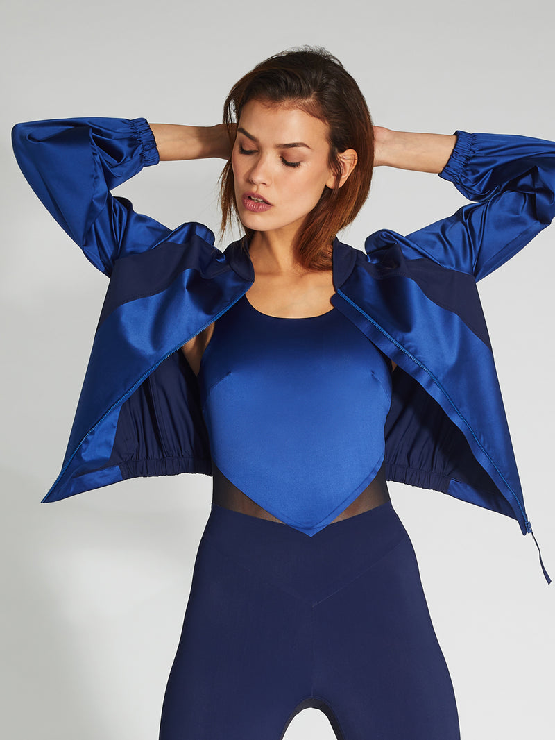 satin bomber jacket in blue