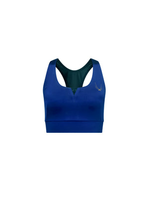performance stretch satin racer back sports bra in blue with elasticated hem band and mesh back.