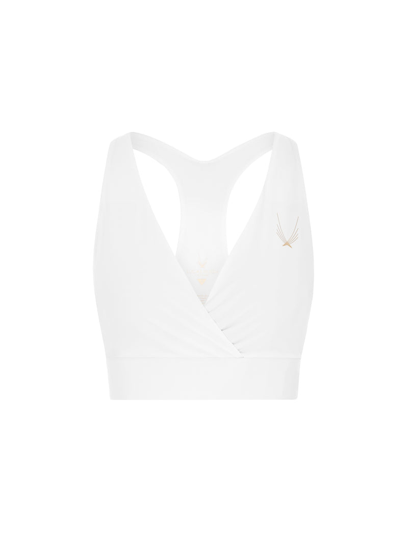 racer back white sports bra from lucas hugh in performance compression fabric