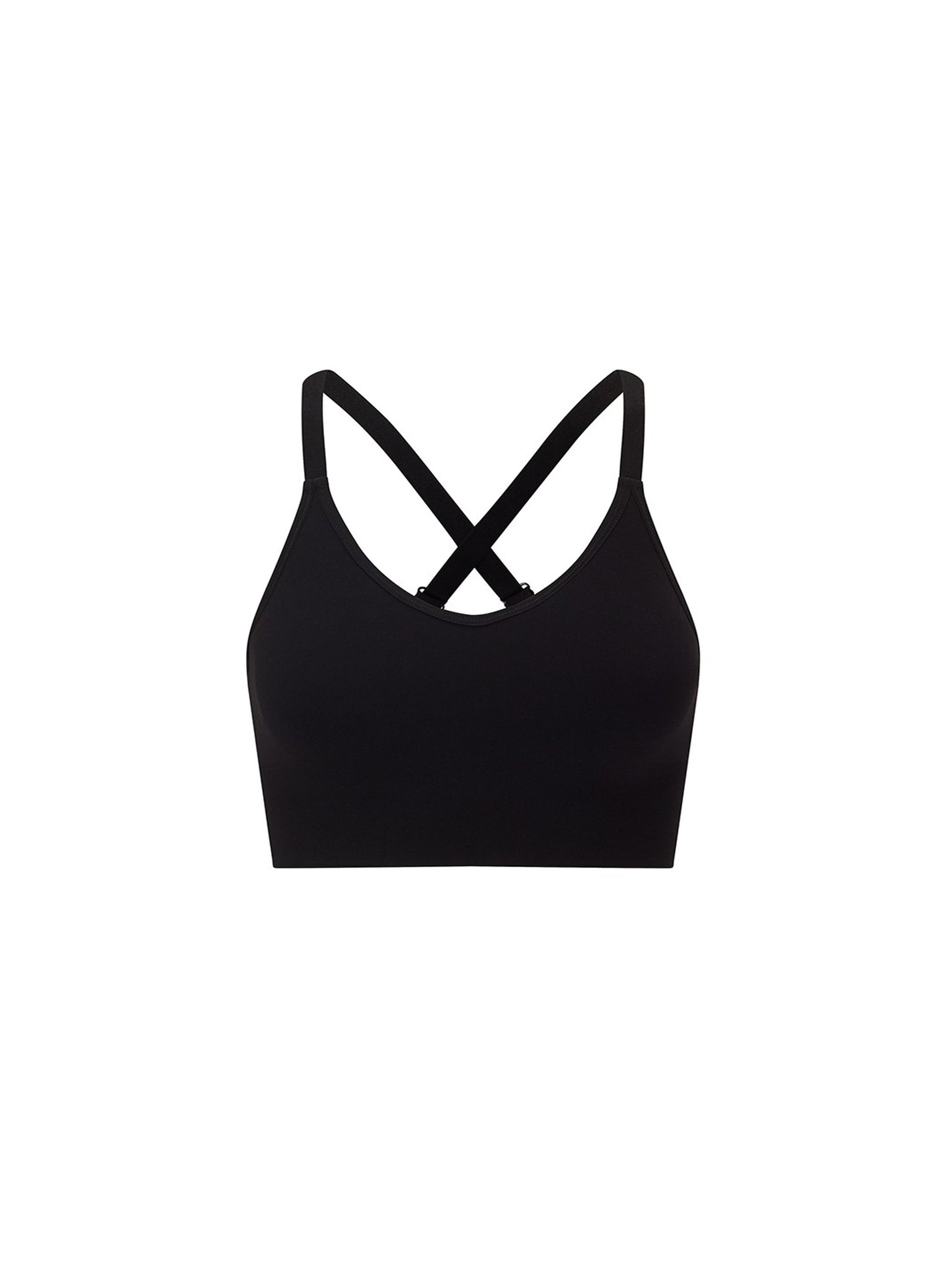 technical knit sports bra in black with padded removable cups and adjustable straps