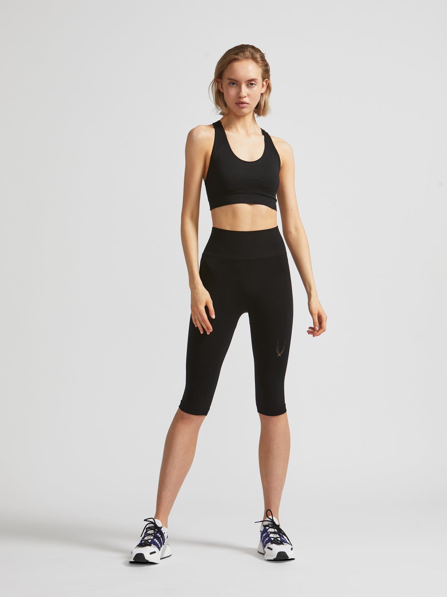 high waisted seamless black capri leggings with breathable panels. Ideal for yoga, Pilates, barre